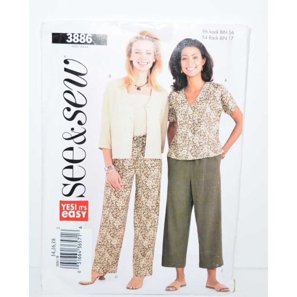 See‎ & Sew 3886 jacket top pants pattern sizes 14,16,18 uncut Butterick